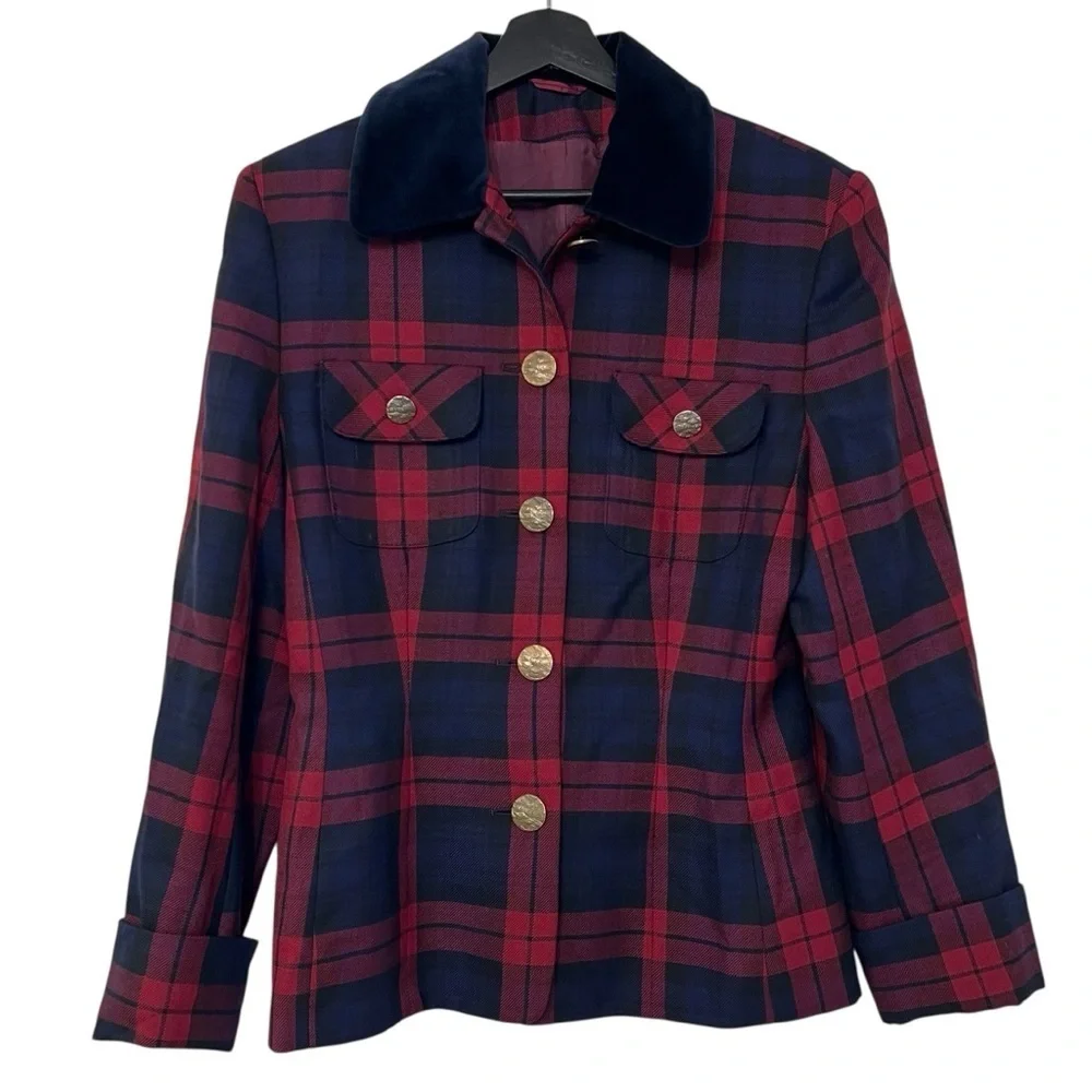 Vintage Wool Plaid Velvet Collar Blazer Jacket Navy Blue Red British Holiday